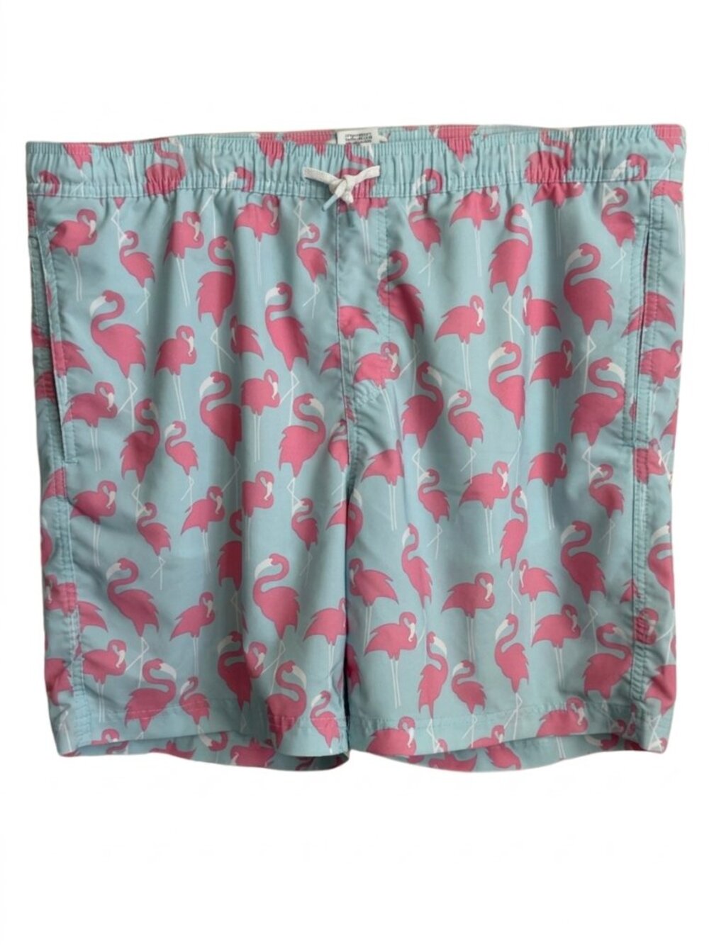 Tropical Flamingo Print Men’s Swim Trunks Size Large Elysian Light Blue Pink